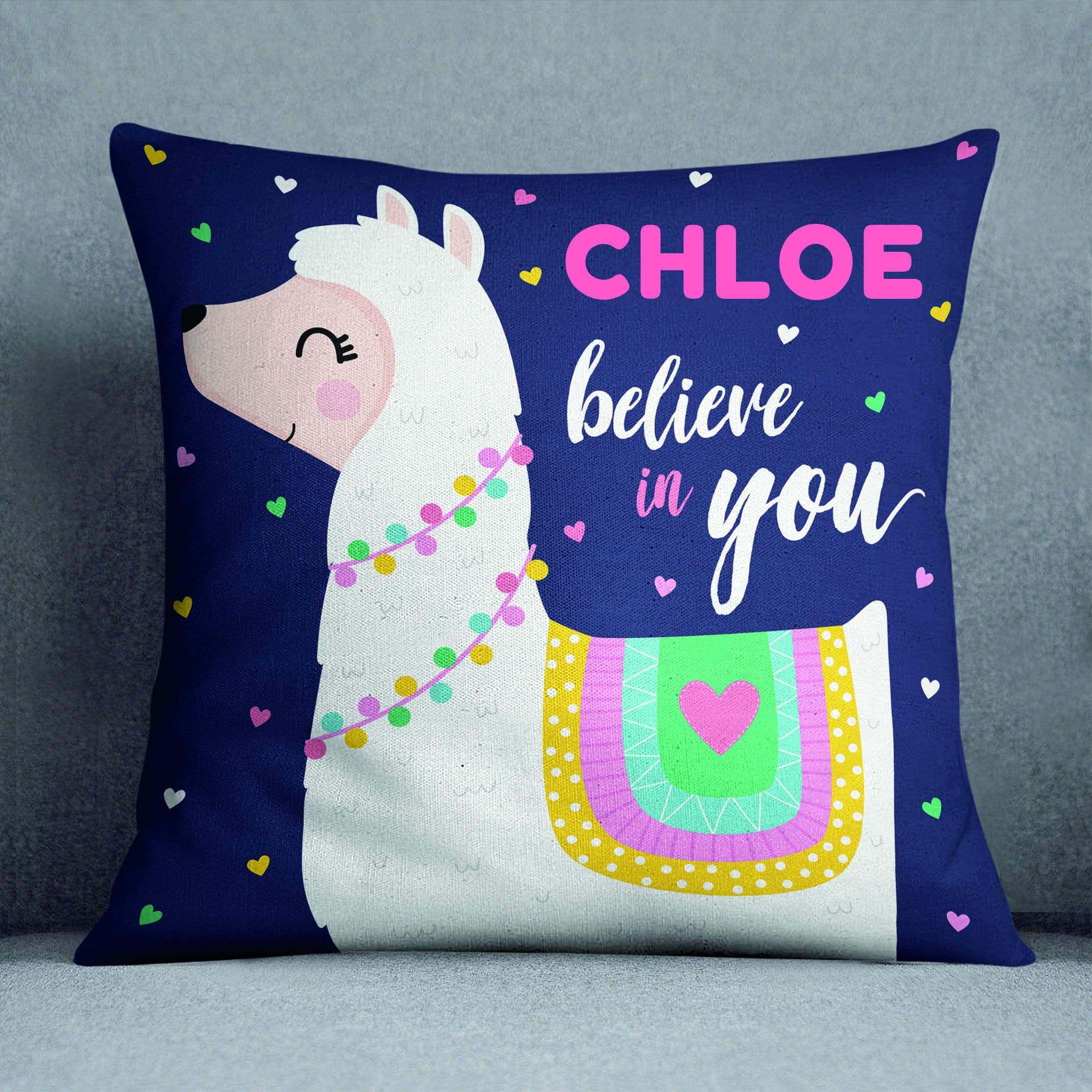 Believe in You Navy Blue Llama Personalised Cushion