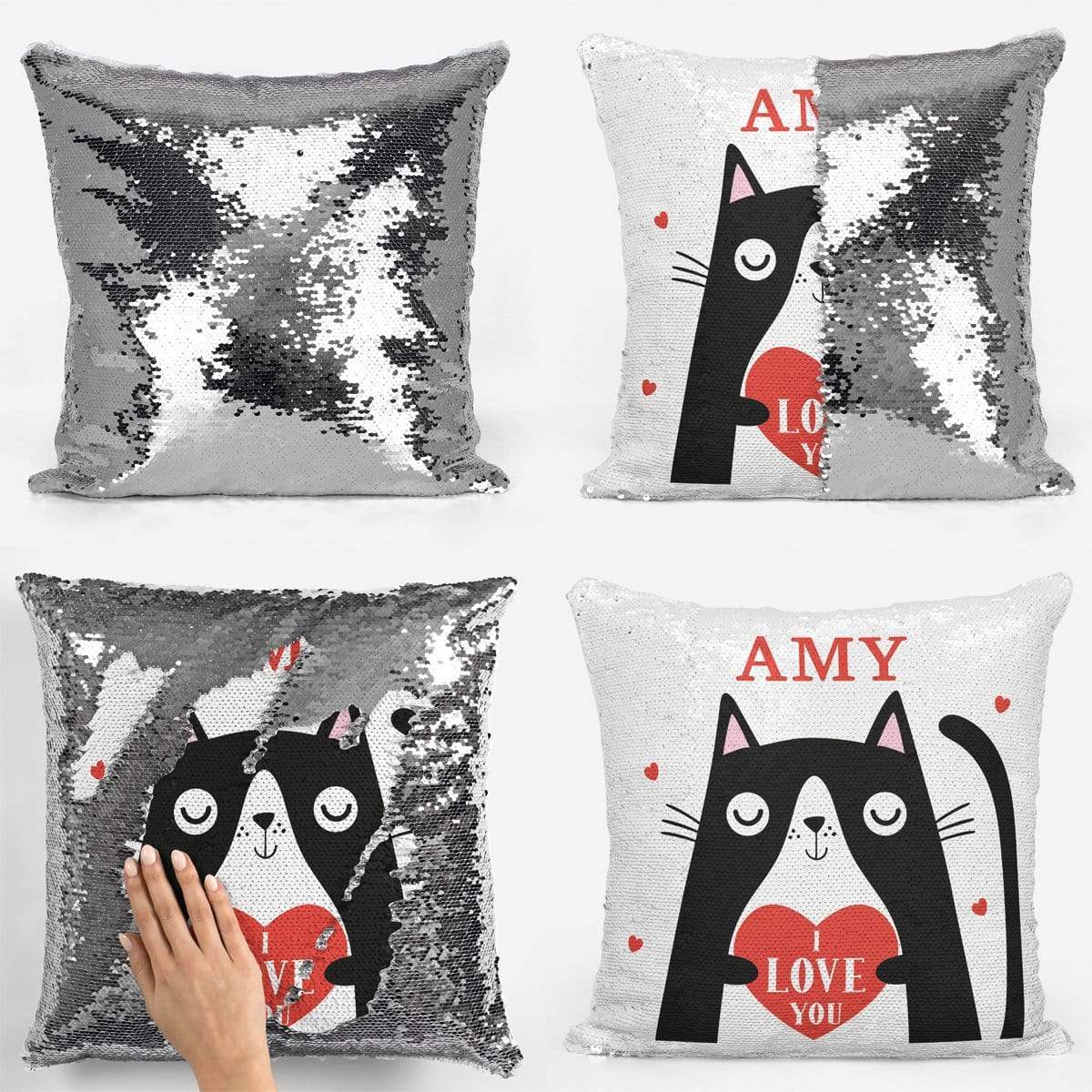 Cat Love Heart Sequin Magic Cushion