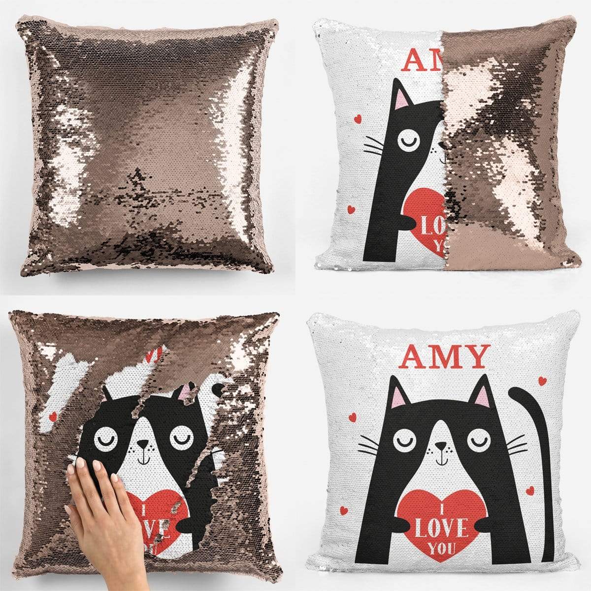 Cat Love Heart Sequin Magic Cushion