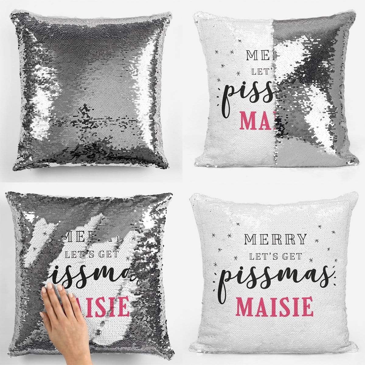 Merry Pissmas Personalised Sequin Magic Cushion