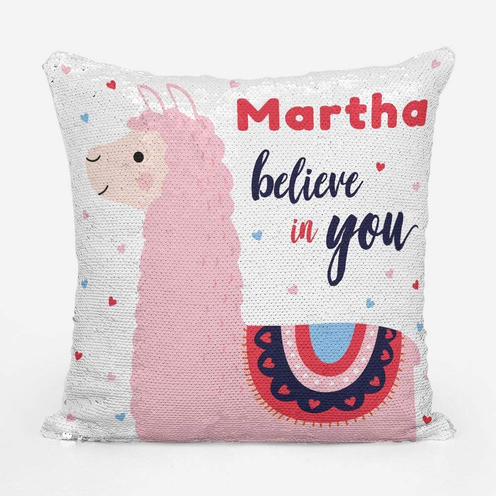 Personalised Believe in You Pink Llama Sequin Magic Cushion