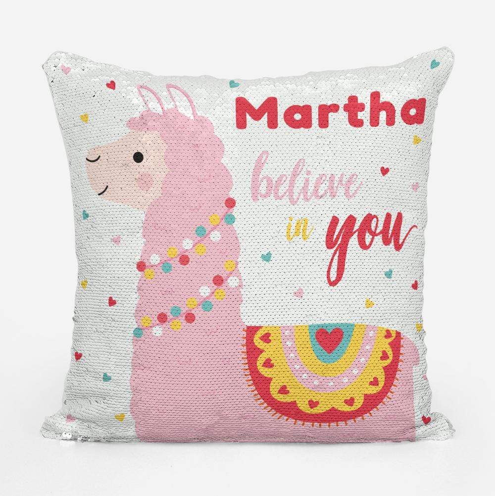 Personalised Believe in You Rainbow Llama Sequin Magic Cushion