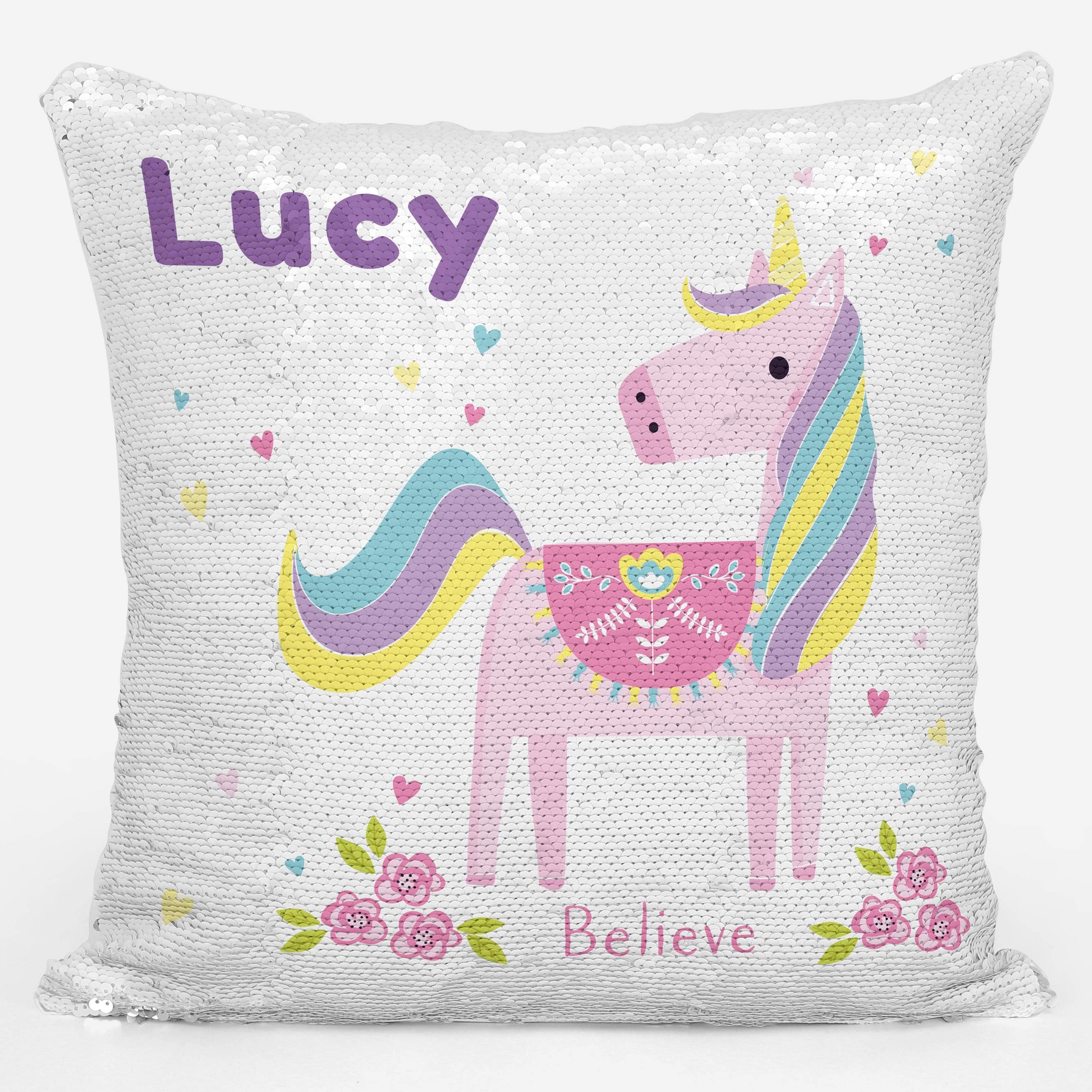 Personalised Believe Unicorn Sequin Magic Cushion