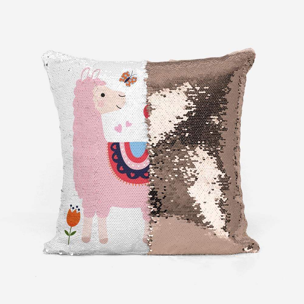 Personalised Dream Big Pink Llama and Butterfly Sequin Magic Cushion