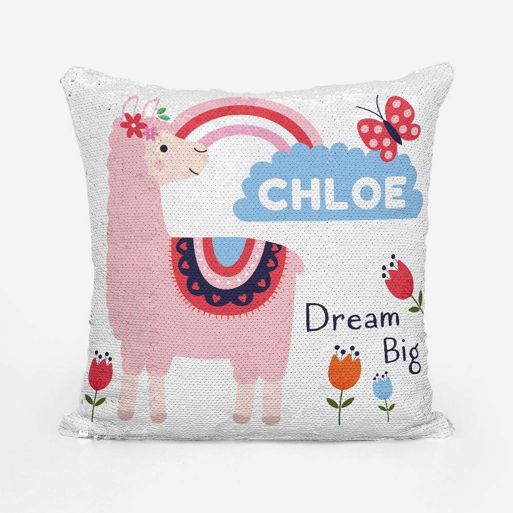 Personalised Dream Big Pink Llama Sequin Magic Cushion
