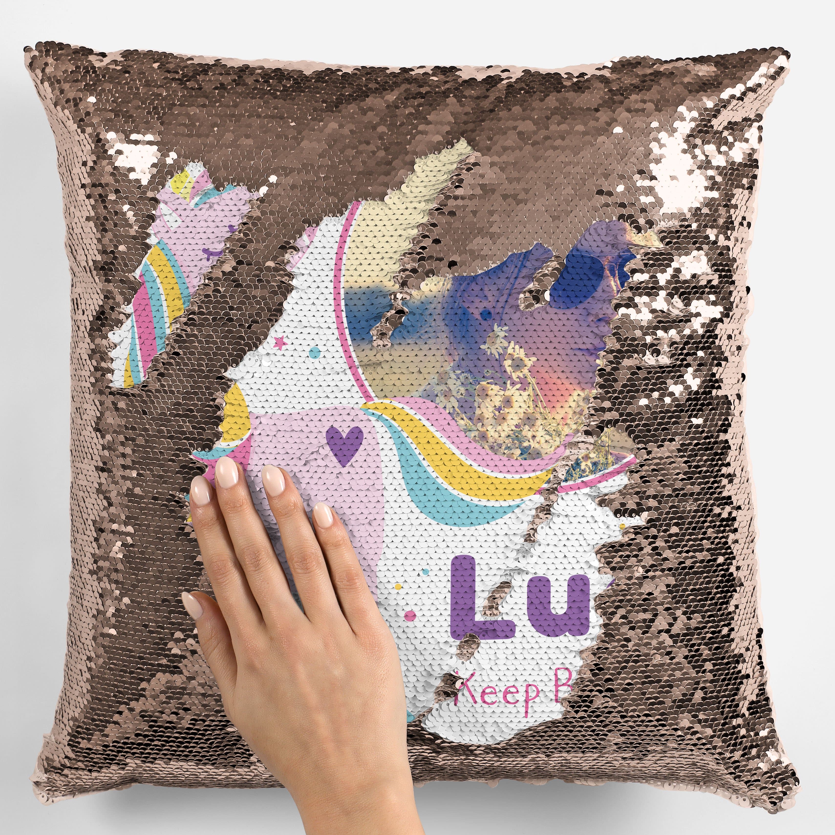 Personalised Keep Believing Photo Unicorn Sequin Magic Cushion