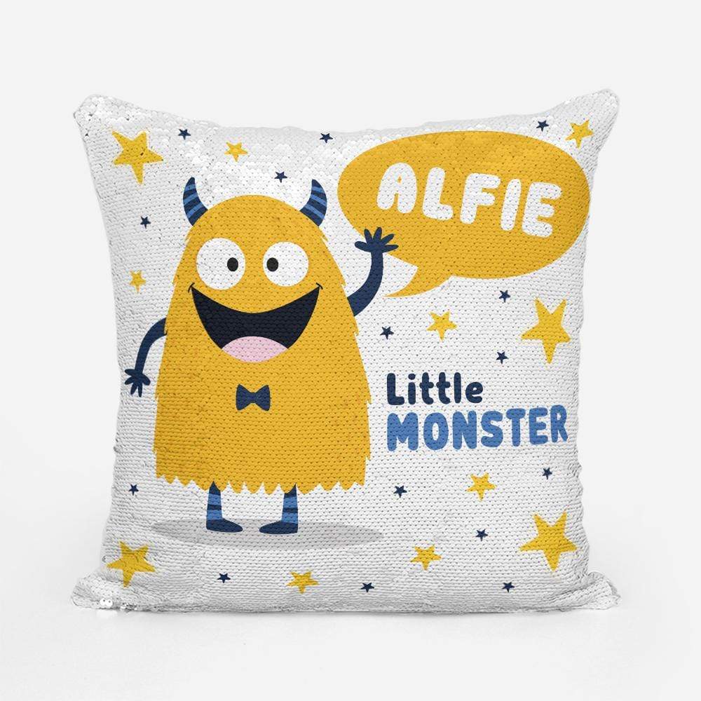 Personalised Yellow Little Monster Sequin Magic Cushion