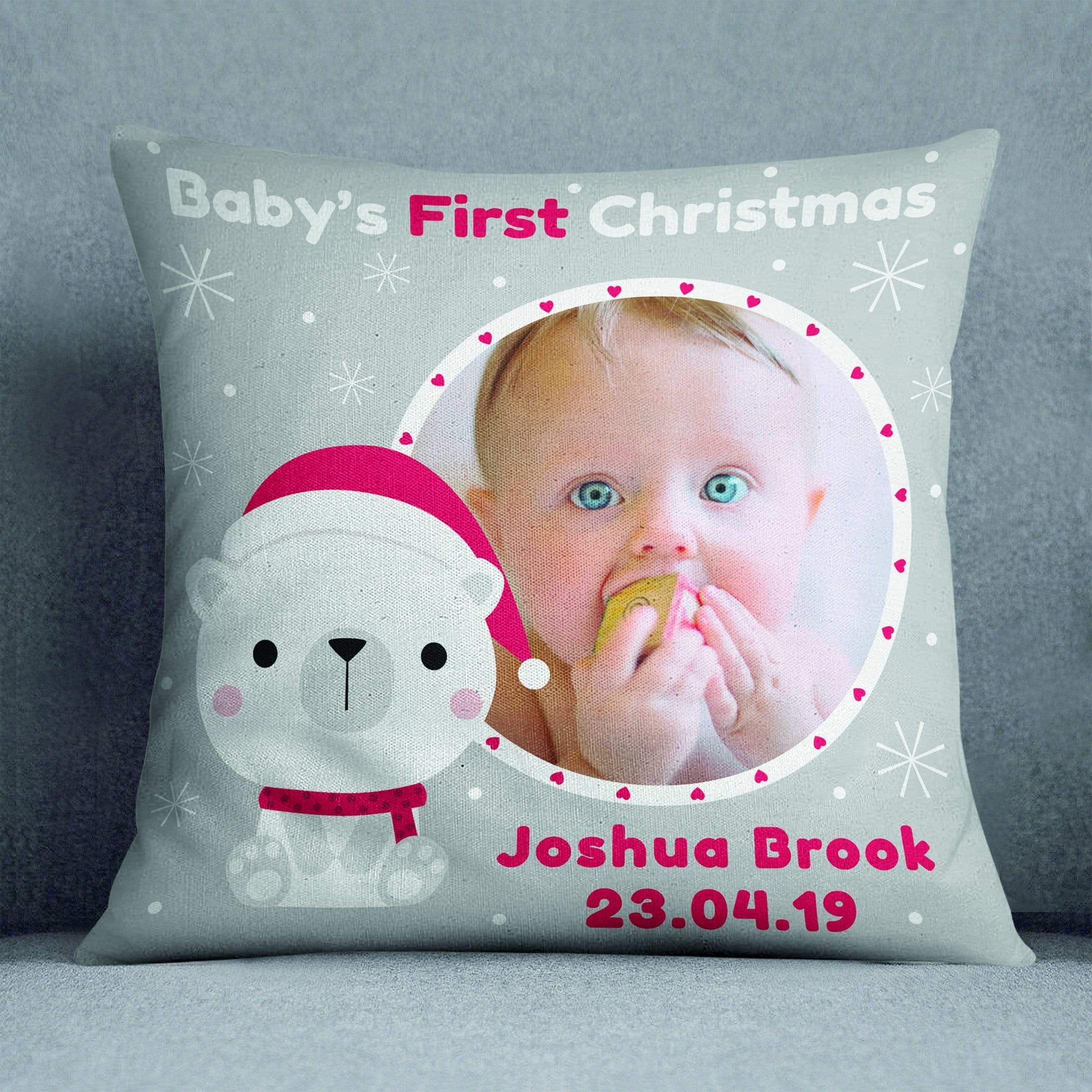 Photo Upload Grey Baby's First Christmas Personalised Cushion
