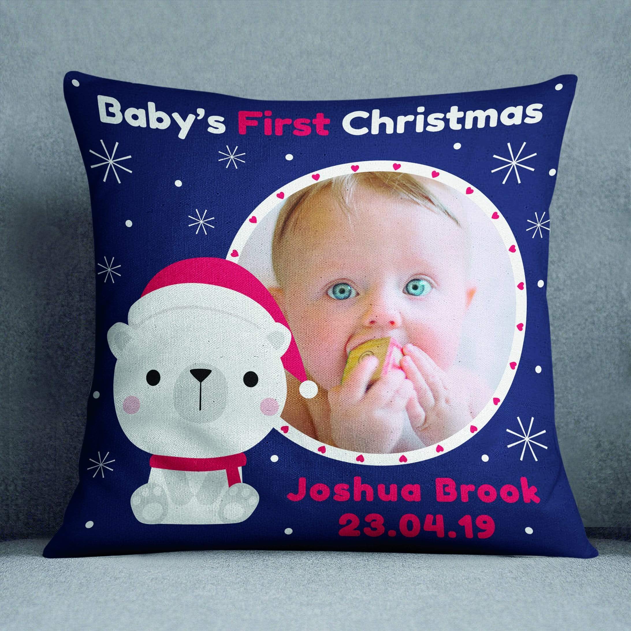Photo Upload Navy Baby's First Christmas Cushion