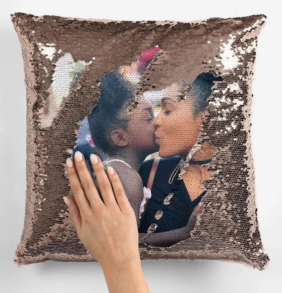 Personalised photo top sequin cushion