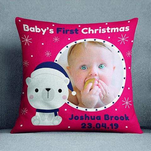 Red Baby's First Christmas Personalised Cushion