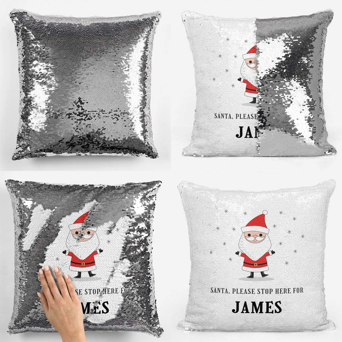Santa Stop Here For Personalised Sequin Magic Cushion