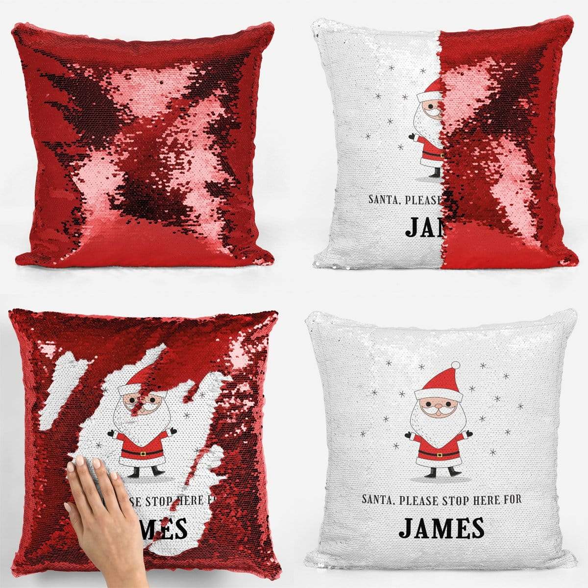 Santa Stop Here For Personalised Sequin Magic Cushion
